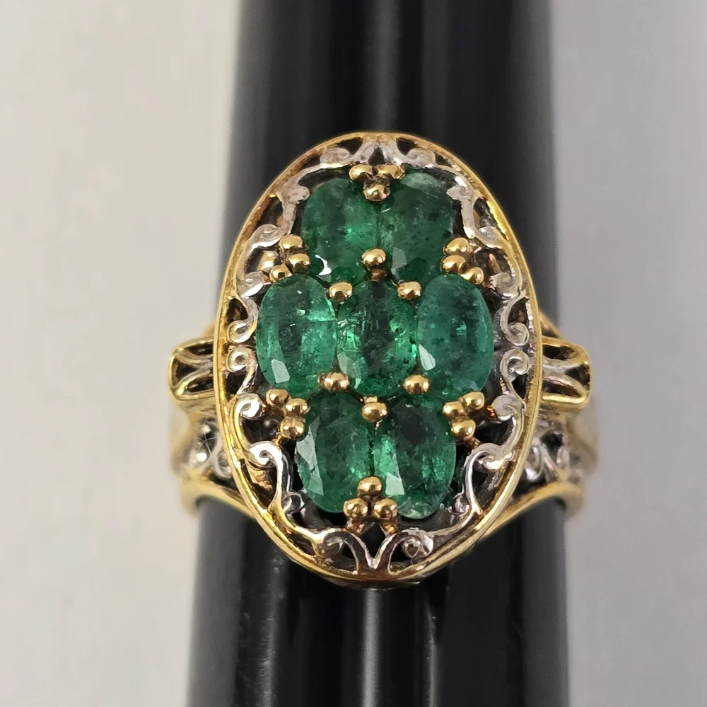 Sterling Silver 925 Intricate Green and Gold Ring with Emerald Cluster